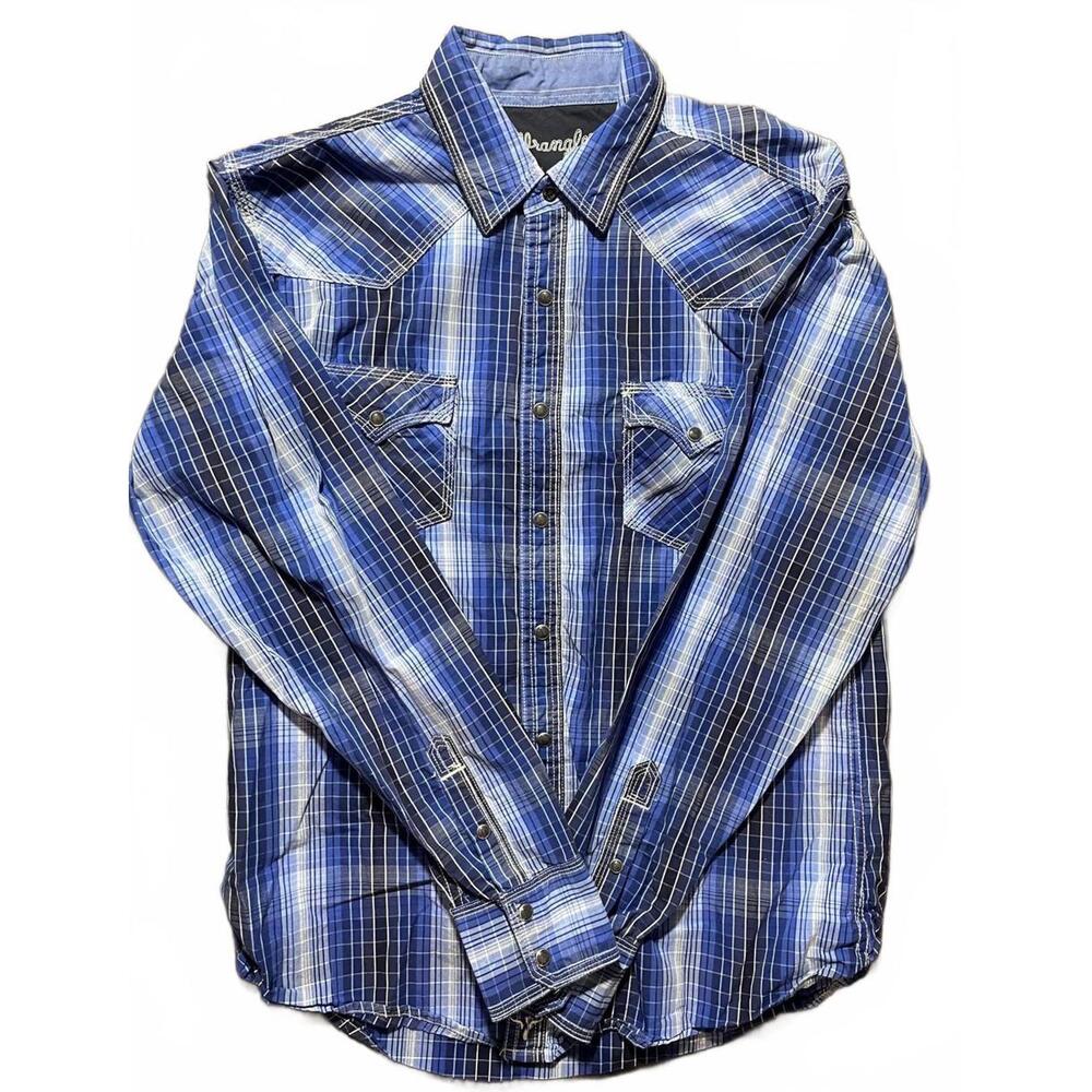 Wrangler 20X Men’s Large Blue Plaid Snap Button Western Shirt Long Sleeve